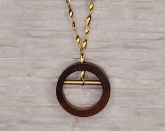 Wood Necklace - Walnut & Brass Circle