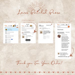 May include: A screenshot of an Etsy order confirmation page. The order is for a digital download of a love story, titled "Hope, By Sophia Love Story". The image shows the Etsy order number, the title of the download, and the price. The image also includes a thank you message to the buyer.