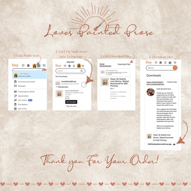 May include: A screenshot of an Etsy order confirmation page. The order is for a digital download of a love story, titled "Hope, By Sophia Love Story". The image shows the Etsy order number, the title of the download, and the price. The image also includes a thank you message to the buyer.