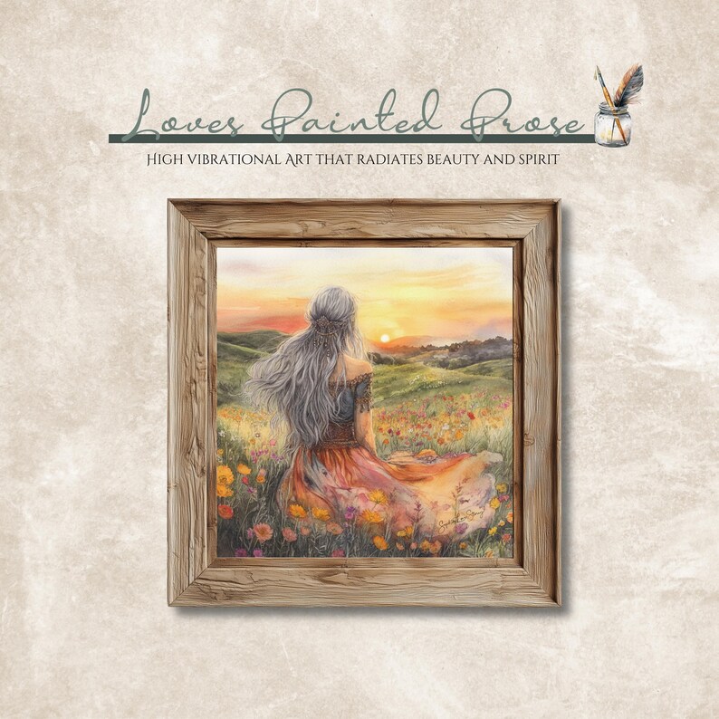 May include: A painting of a woman with long, flowing silver hair sitting in a field of wildflowers. The woman is wearing a long, flowing dress and is looking out at a sunset. The painting is framed in a rustic wooden frame.