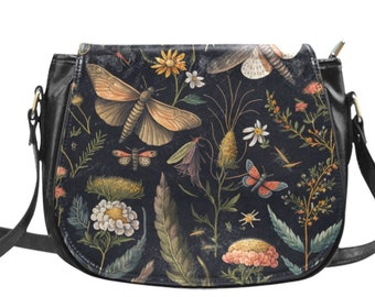 Botanical Moths Cross Body Purse, Dragonfly Bag, Cottagecore Vegan Saddlebag Bag, Botanical Shoulder Bag