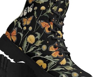 Whimsical Monarch Butterfly Combat Boots, Dandelion Lace Up Ankle Boots, Cottagecore Boho Festival Vegan Leather Luxe Paxton Boots