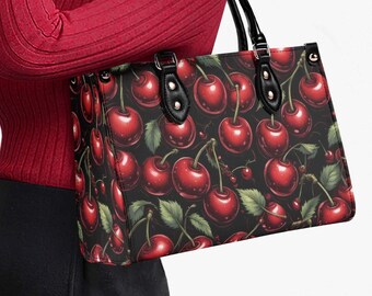Black Cherry Kiss Purse Handbag, Faux Leather Luxury Hand Bag, Unique Womens Goth Shoulder Bag, vegan strap, Luxe Jane