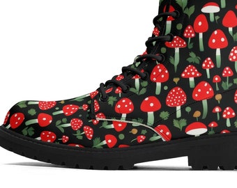 Kawaii Little Red Mushrooms Combat Boots, Cute Red Black Fungus Women's Lace Up Boots, Men's Ankle Boots, Comfy Shoes, Luxe Paxton Boots