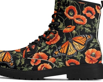 Happy Spring Monarch Butterfly Combat Boots, Lace Up Ankle Boots, Poppy FlowersCottagecore Boho Festival Vegan Leather Luxe Paxton Boots