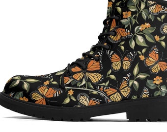 Botanical Monarch Butterfly Combat Boots, Lace Up Ankle Boots, Cottagecore Boho Festival Vegan Leather Luxe Paxton Boots