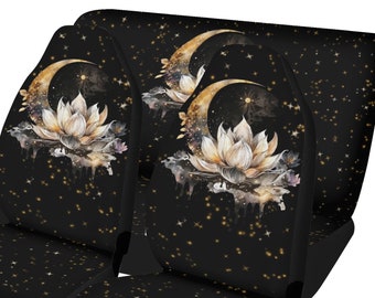 Lotus Moon Car Seat Covers, Celestial Stars Galaxy Vehicle Protectors, Witchy Auto Accessories