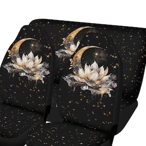 Lotus Moon Car Seat Covers, Celestial Stars Galaxy Vehicle Protectors, Witchy Auto Accessories