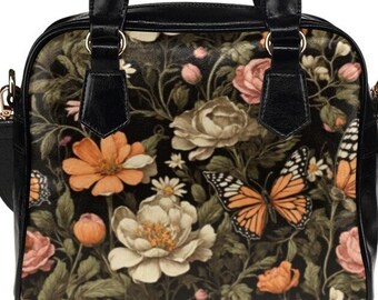 Flowers and Butterfly Handbag, Spring Summer Purse, cute Floral Monarch Butterflies womens accessories, Shoulder Bag, Hand Bag, Bowler Bag