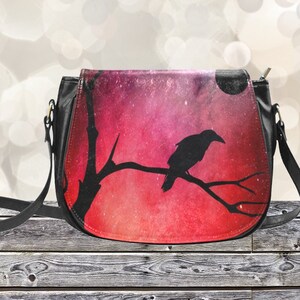 Red Saddle Bag Purse Black Crow Saddlebag Raven Crossbody Bag Red