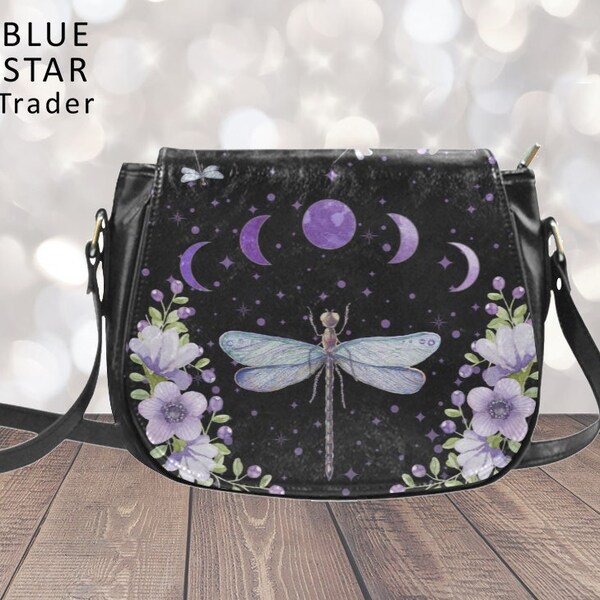 Purple Dragonfly Vegan Saddle Bag Purse, Black Saddlebag Moon Phases, Cottagecore Crossbody Bag