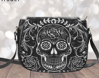 Goth Crossbody Bag | Black Sugar Skull Vegan Small or Large Saddlebag | Day Of The Dead Handbag Purse