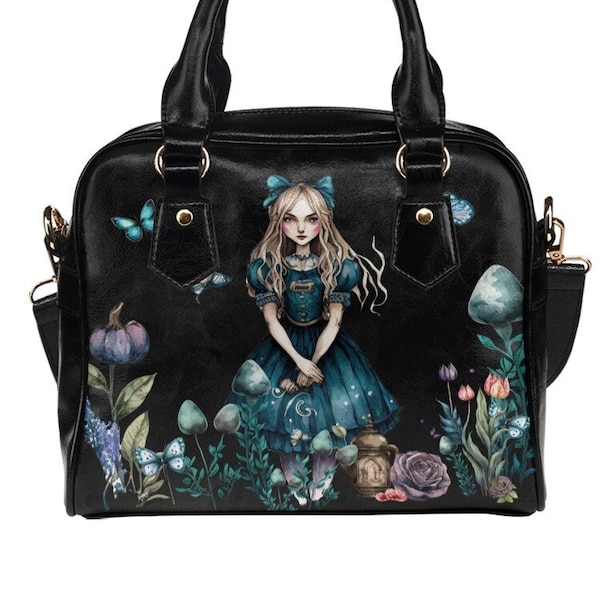 Alice in Wonderland Handbag | Alice in Blue Dress Mushrooms Shoulder Bag | Vegan Purse Satchel Bag Bowler Bag