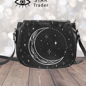 Crescent Moon Purse, Vegan Saddle Bag Purse | Black Saddlebag | Cottagecore Crossbody Bag | Crescent Moon Floral Shoulder Bag Witch Bag