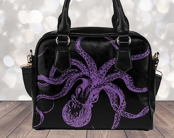 Black Purple Octopus Handbag, Small Vegan Purse, Goth Bag, Bowler Bag, Steampunk Satchel, Shoulder Bag