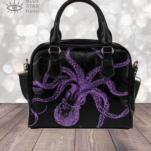 Black Purple Octopus Handbag, Small Vegan Purse, Goth Bag, Bowler Bag, Steampunk Satchel, Shoulder Bag