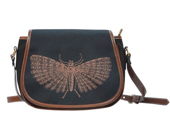 Vintage Bohemian Moths illustration Magnetic Closure Inside pocket Hobo Sling Tote Crossbody Strap 14.5x14x3