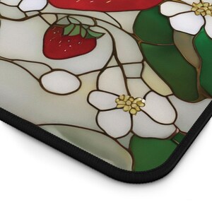 Strawberry Blossoms Desk Mat | Floral Gaming Pad, Cute Faux Stained Glass Fruit Design image 10