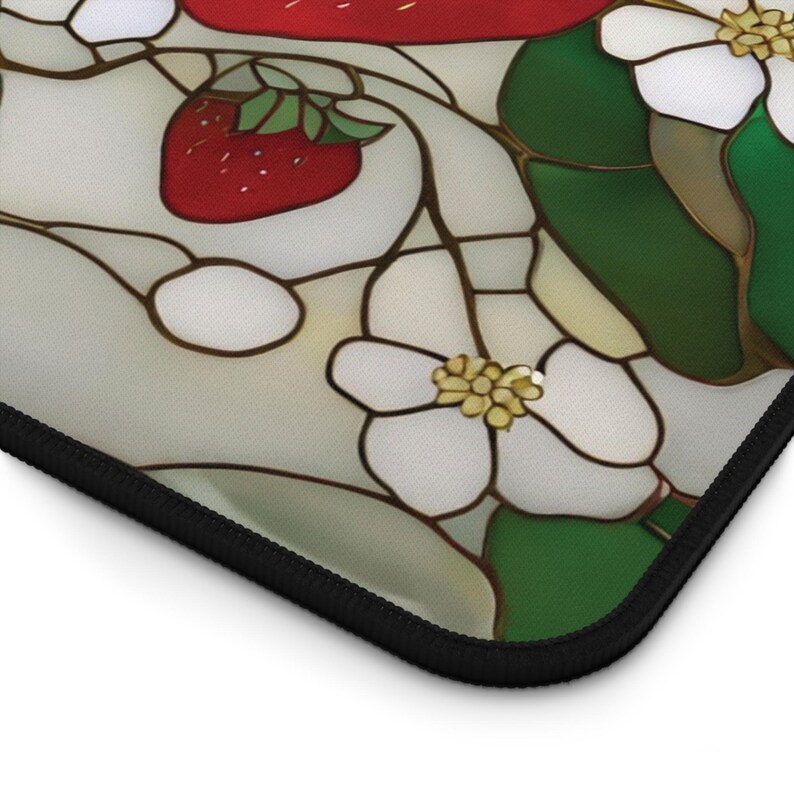 Strawberry Blossoms Desk Mat | Floral Gaming Pad, Cute Faux Stained Glass Fruit Design image 10