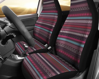 Pokrowce na fotele samochodowe w stylu boho (zestaw 2 pokrowców) | Modne, fioletowo-czerwone, pasiaste, urocze akcesoria samochodowe | Pokrowce na fotele z nadrukiem | Tribal Auto Protectors
