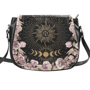 Pale Roses Sun Purse, Vegan Saddle Bag Purse | Black Saddlebag | Witchy Crossbody Bag | Moon Phases Shoulder Bag