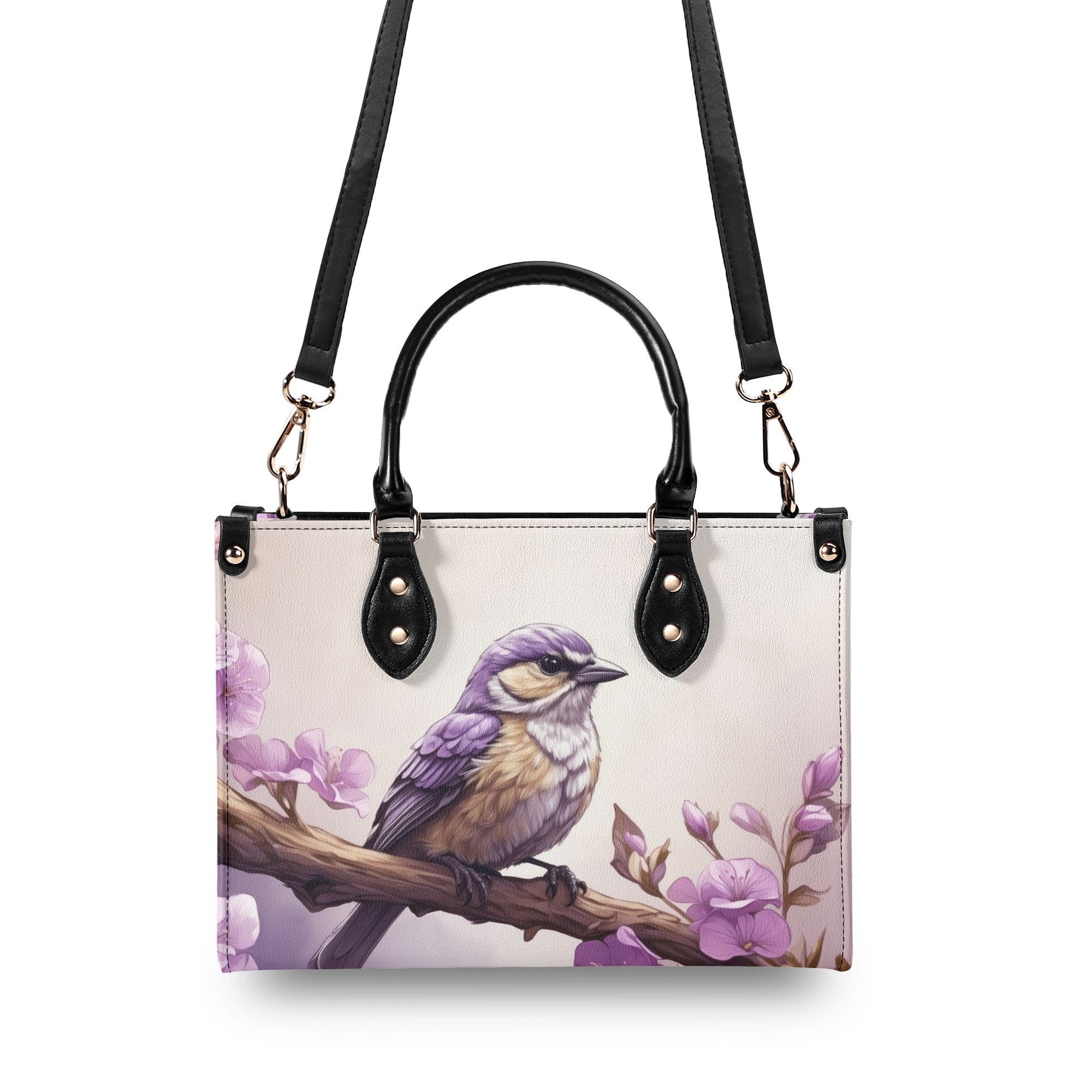 Elegant Purple Bird Floral Purse, Song Bird Flowers Vegan Leather Hand Bag