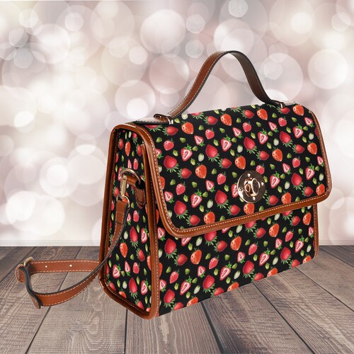 Cute Purse Red Strawberries Canvas Satchel Bag Kawaii Black Etsy