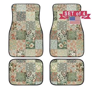 May include: A set of four car floor mats featuring a patchwork design of various floral patterns in shades of sage green, muted orange, and cream. The mats have black trim and include a graphic with the text SET of 4 and a United States flag.