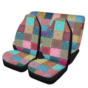 May include: A set of two front car seat covers and one rear bench seat cover featuring a multicolored patchwork design. Each square panel displays a unique intricate mandala pattern in shades of blue, pink, orange, yellow, and green.