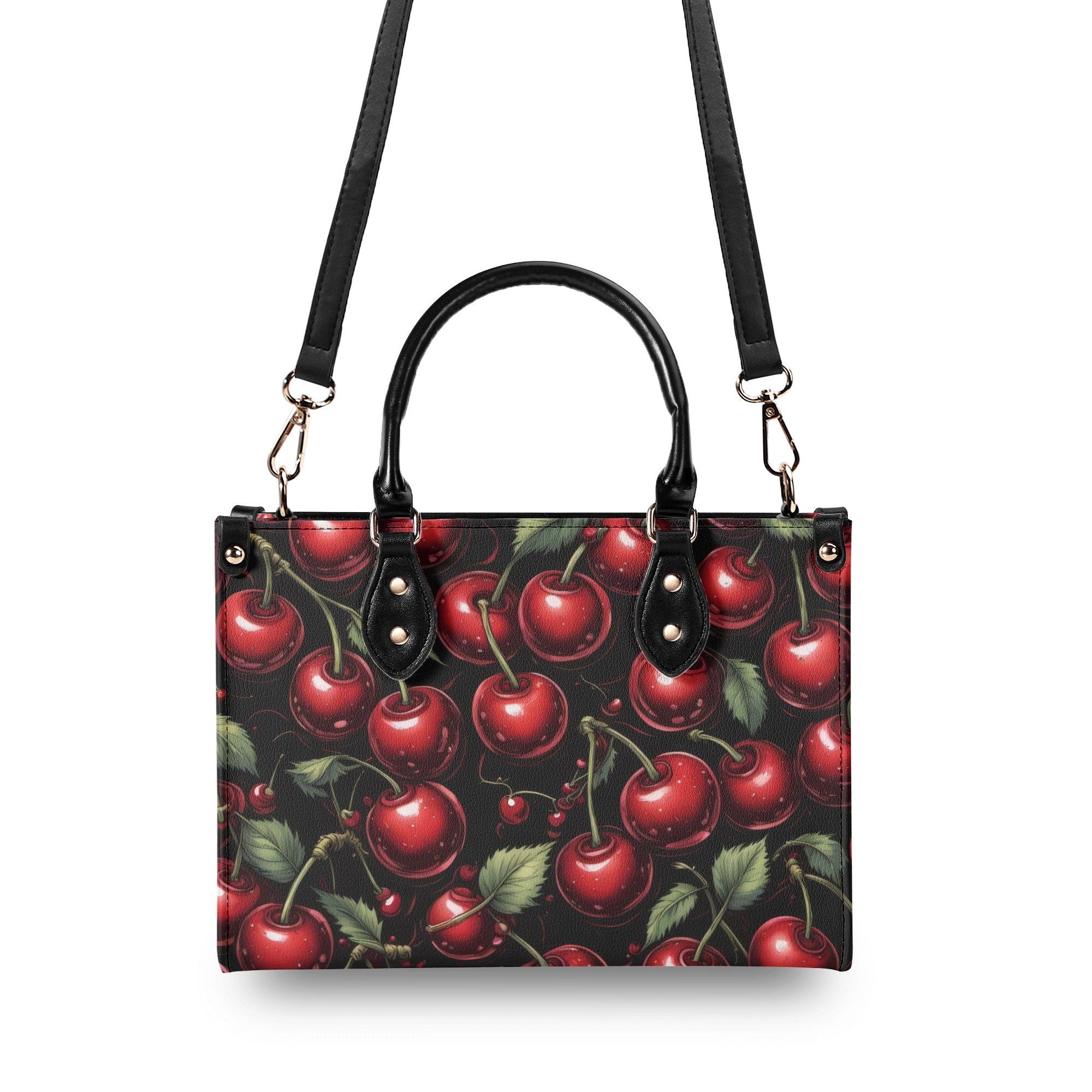 Black Cherry Kiss Purse Handbag, Faux Leather Luxury Hand Bag