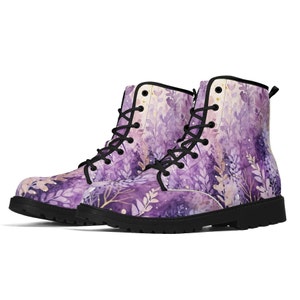 Watercolor Lavender Flower Boots, Vegan Lace Up Boots, Women's Luxury Boots, Mens Floral Boots, Artistic Combat Style, Spring Shoes
