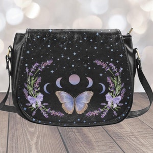 Vegan Saddle Bag Purse | Purple Butterfly Saddlebag | Cottagecore Crossbody Bag | Butterflies Moon Floral Shoulder Bag Bird Lover Gift
