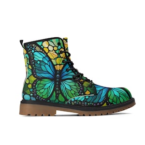 Blue Green Butterfly Combat Boots, Women's Lace Up Boots Stained Glass, Men's Ankle Boots, Shoes, Luxe Paxton Boots