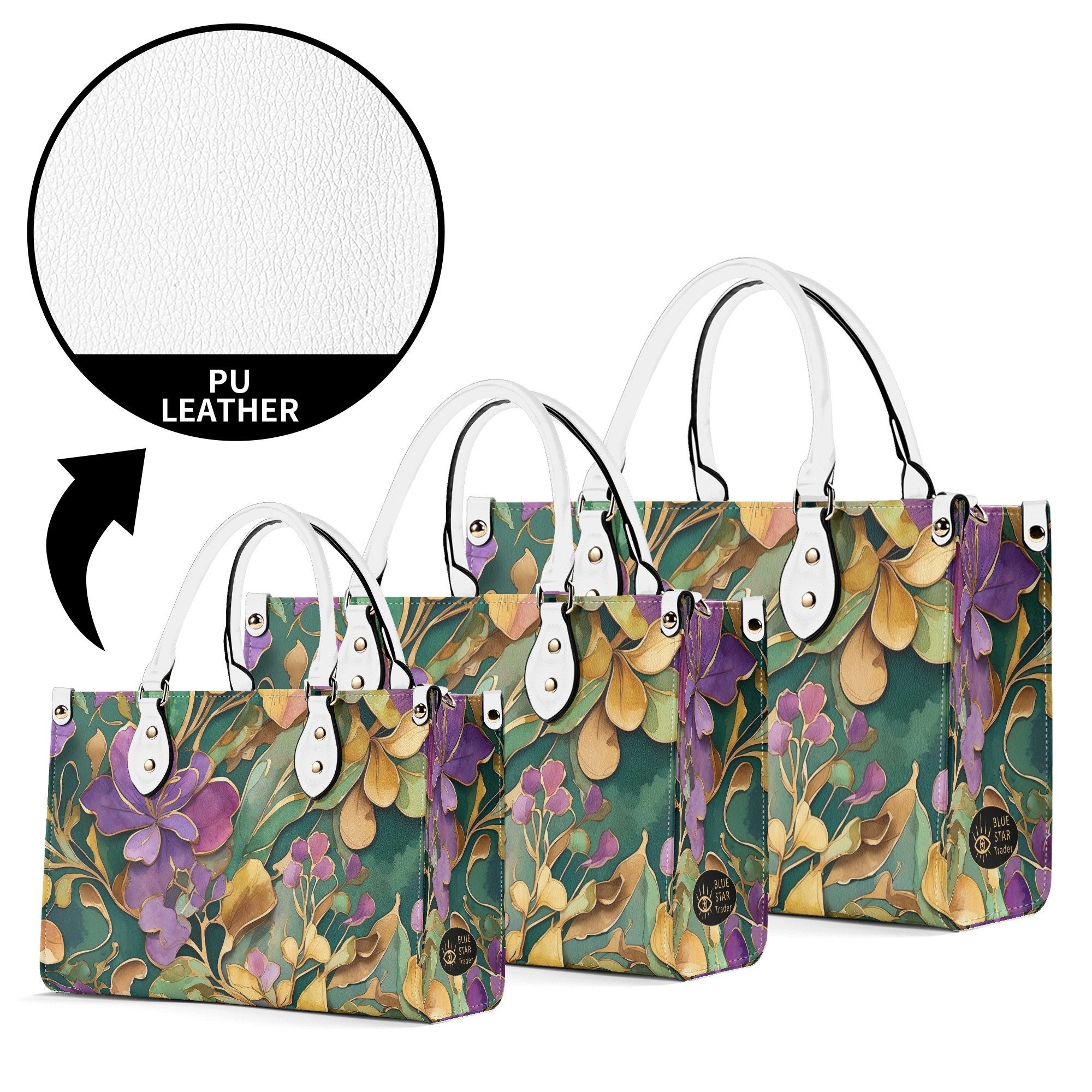 Elegant Mardi Gras Floral Purse, Purple Green Flowers Vegan Leather Hand Bag