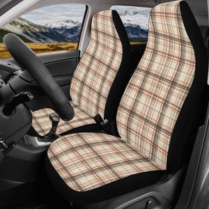 Light Brown Plaid Car Seat Covers, Neutral Color Car Accessories for Men Women, Unisex