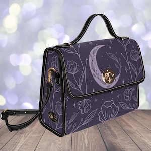 Sac cartable en toile sorcière pourpre, sac à main en bandoulière pour femmes, fleurs et lune, joli sac à main végétalien à bandoulière, cadeau boho hippies Cottagecore