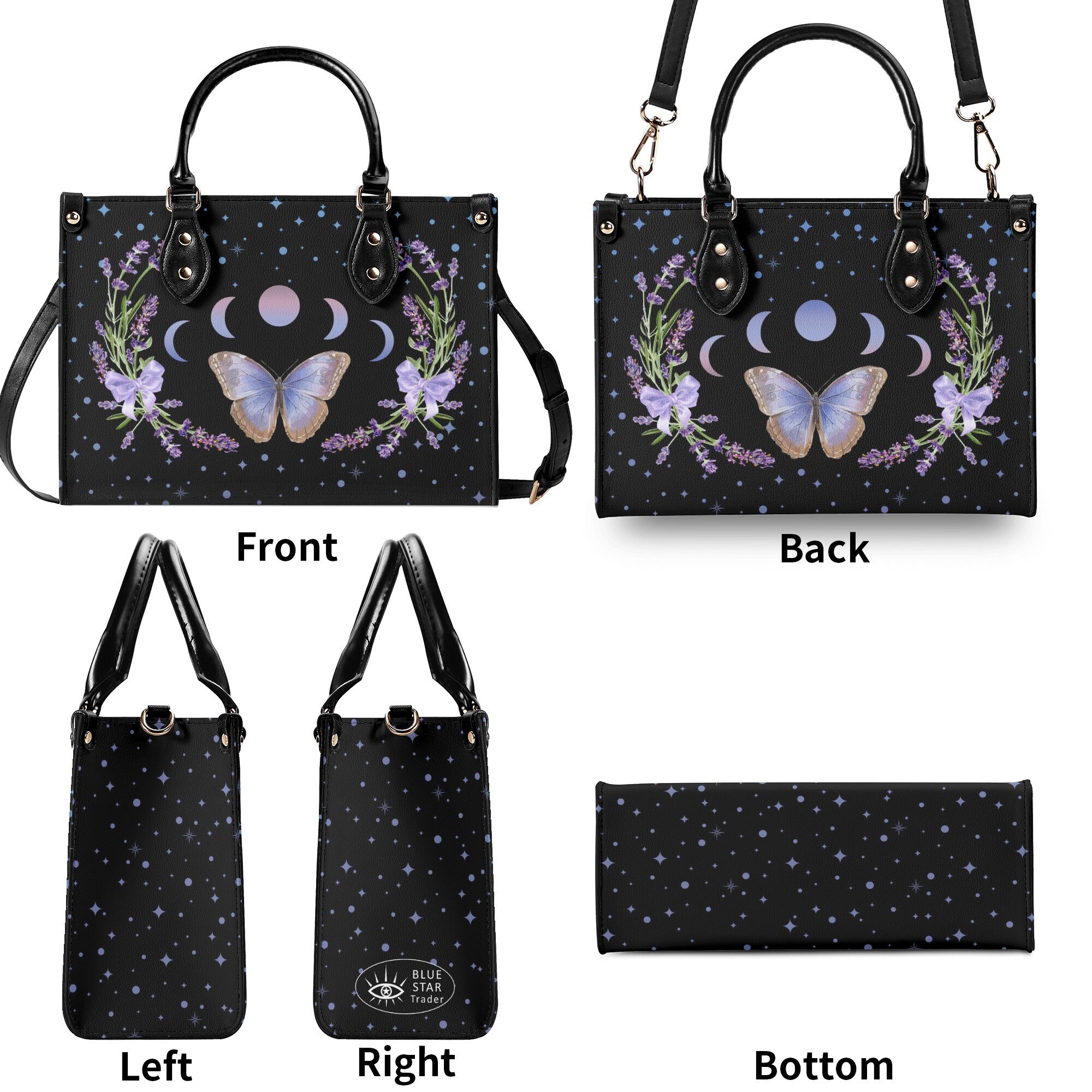 Vegan Purple Butterfly Faux Leather Purse, Cute women Moon Phases Hand Bag Shoulder Bag
