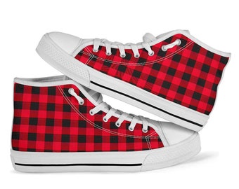 Red Buffalo Plaid High Tops Men's Women's Ankle Shoes Red Checkered Sneakers Lumberjack Pattern, White Accents