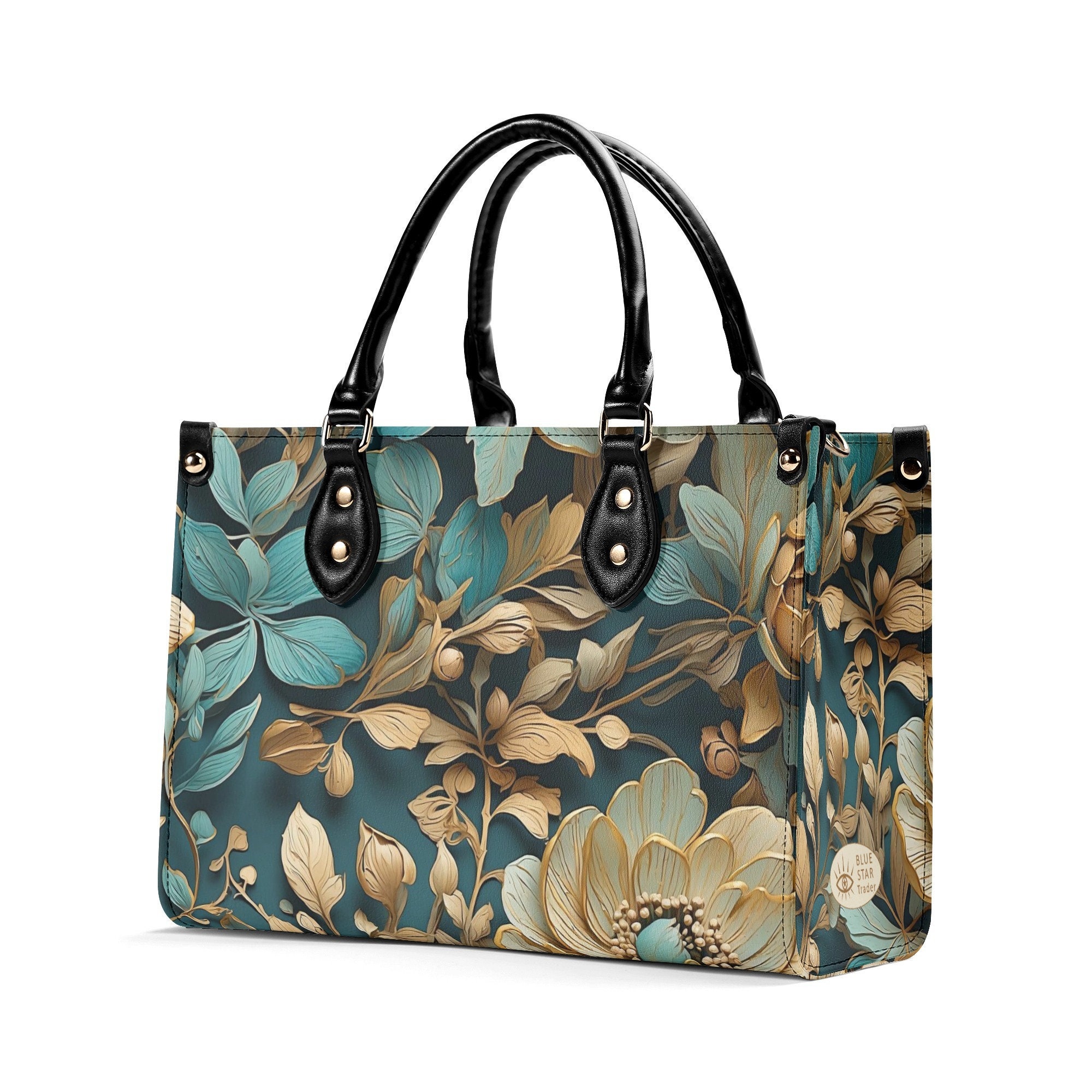 Elegant Teal Floral Purse, Blue Green Tan Flowers Vegan Leather Hand Bag