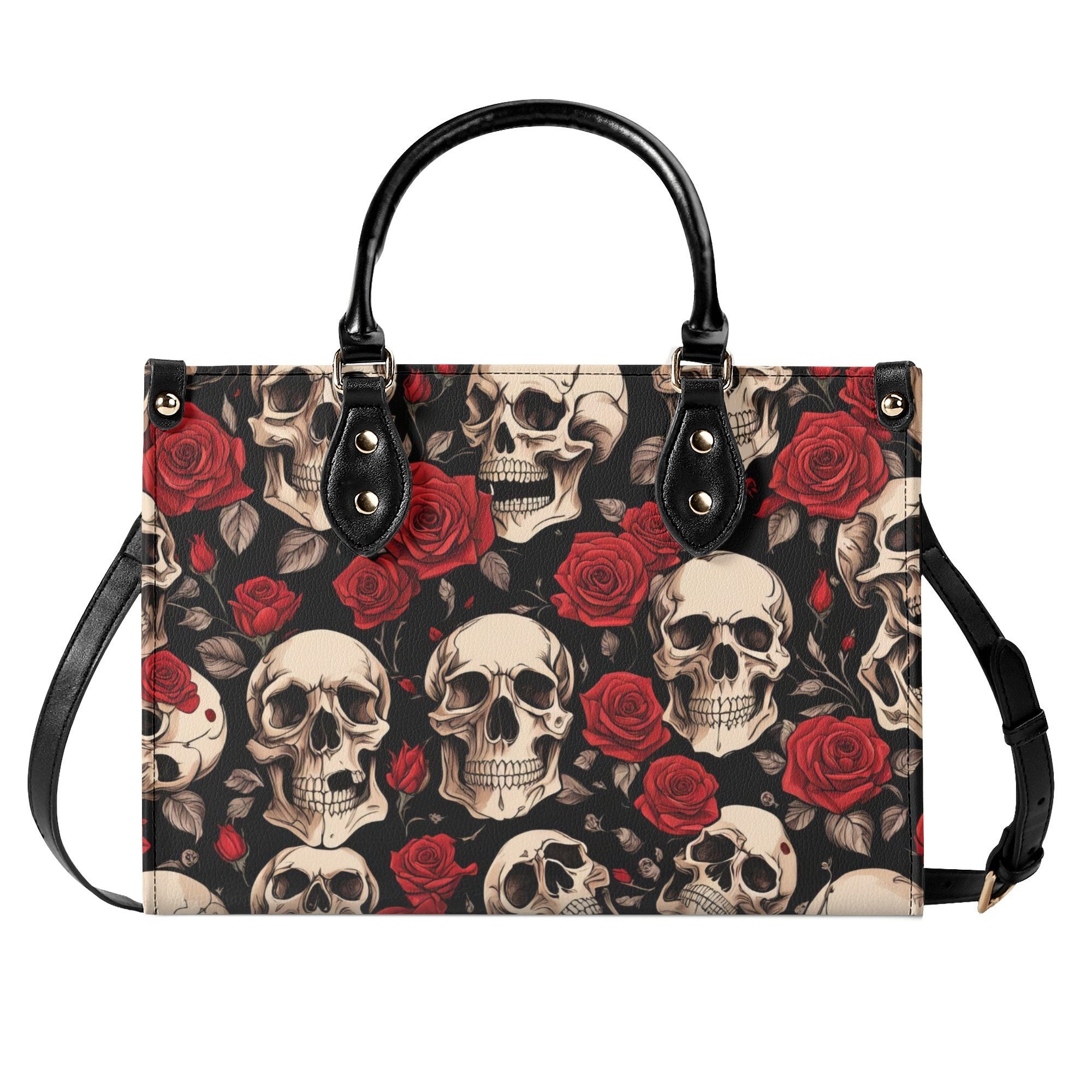 Goth Skulls and Red Roses Purse Handbag, Faux Leather Luxury Hand Bag