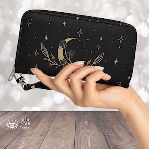 Carteira Witchy, Carteira Feminina Moon Flowers Preta de 7,6 Polegadas, Carteira Elegante Vegana com Zíper Cottagecore