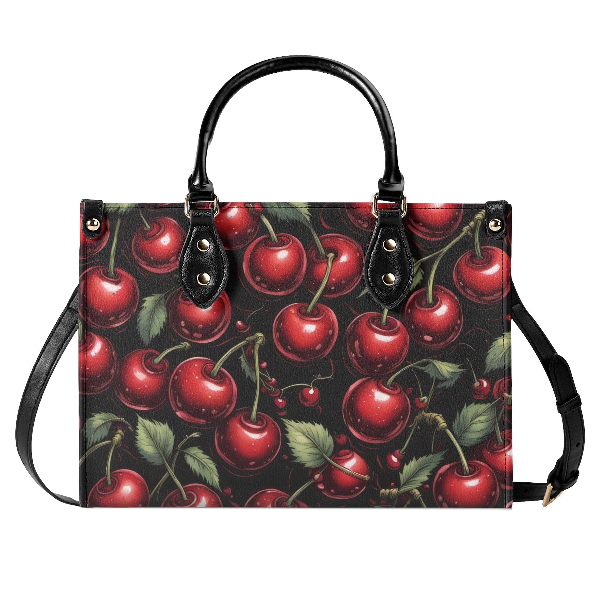 Black Cherry Kiss Purse Handbag, Faux Leather Luxury Hand Bag