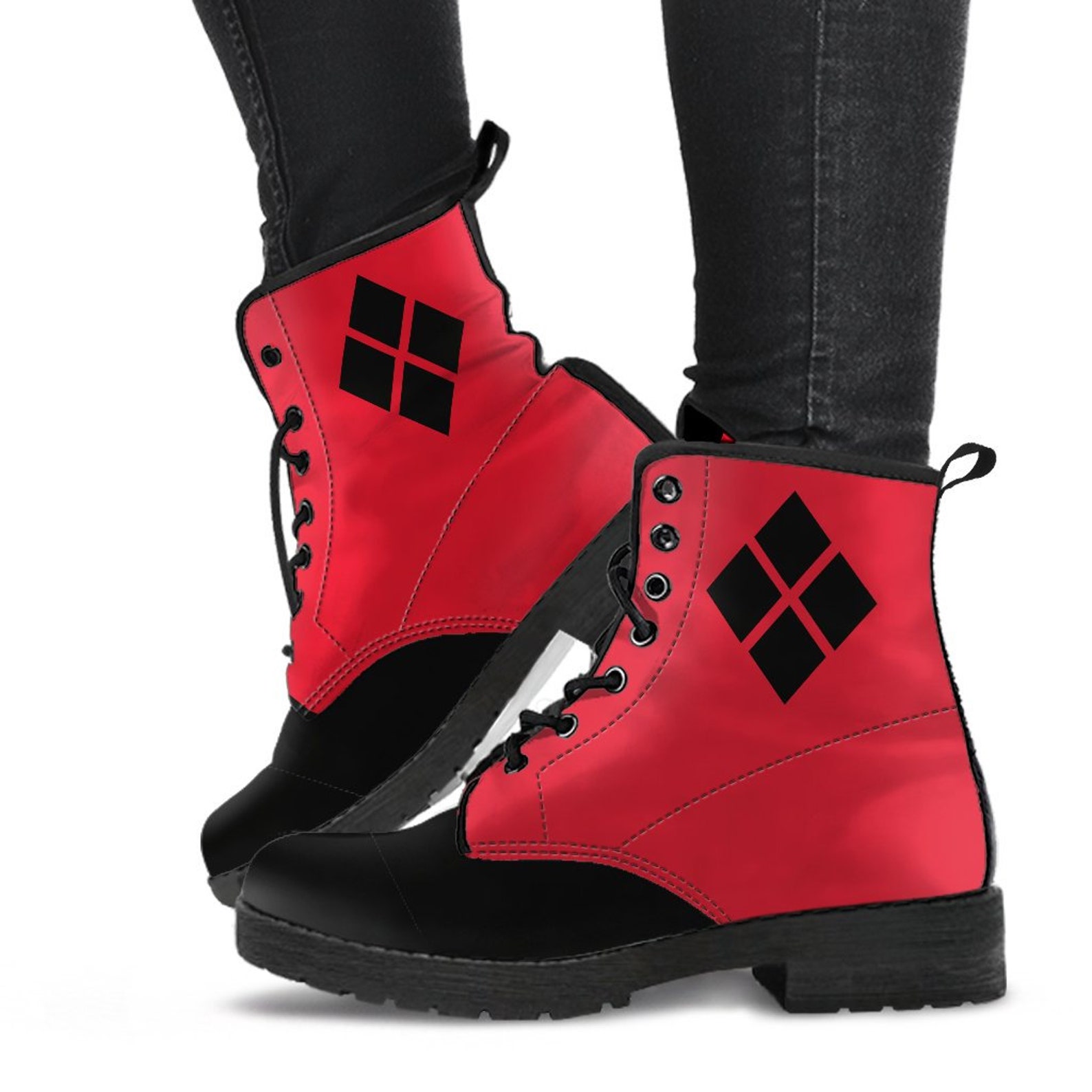 Women's Harley Quinn Inspired Vegan Boots Red Black Etsy