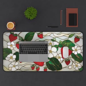 Strawberry Blossoms Desk Mat | Floral Gaming Pad, Cute Faux Stained Glass Fruit Design image 12
