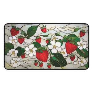 Strawberry Blossoms Desk Mat | Floral Gaming Pad, Cute Faux Stained Glass Fruit Design image 5