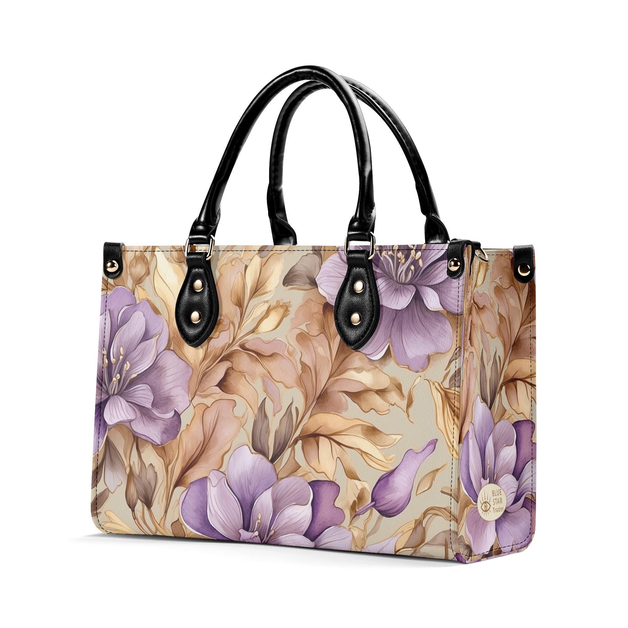 Elegant Light Purple Floral Purse, Lavender Tan Flowers Vegan Leather Hand Bag