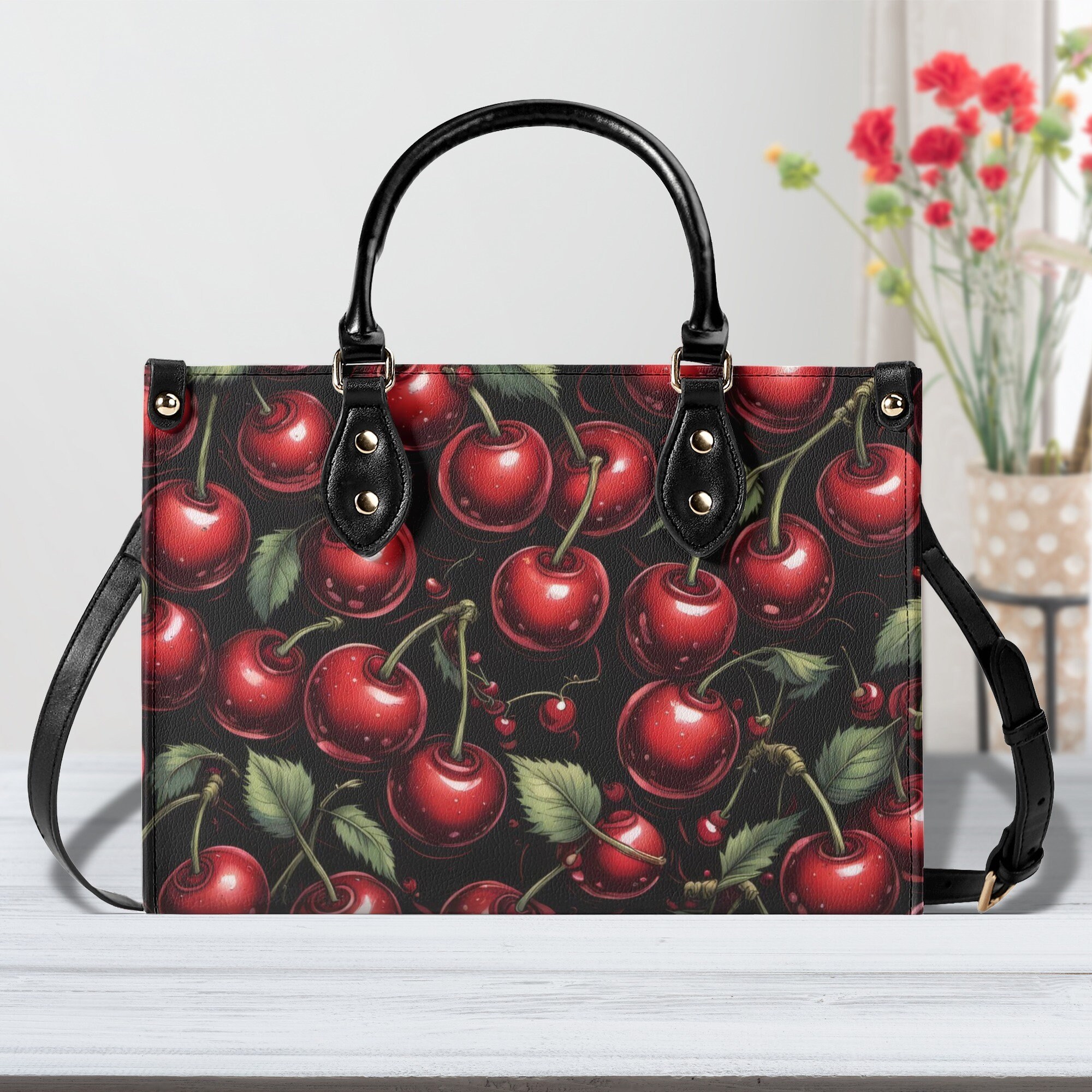 Black Cherry Kiss Purse Handbag, Faux Leather Luxury Hand Bag