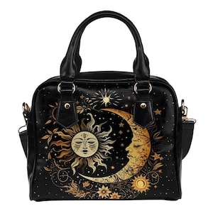 Black gold Sun Moon Handbag, Celestial Purse, Witchy, cute womens accessories, Black Shoulder Bag, Hand Bag, Bowler Bag, BST_Celestine