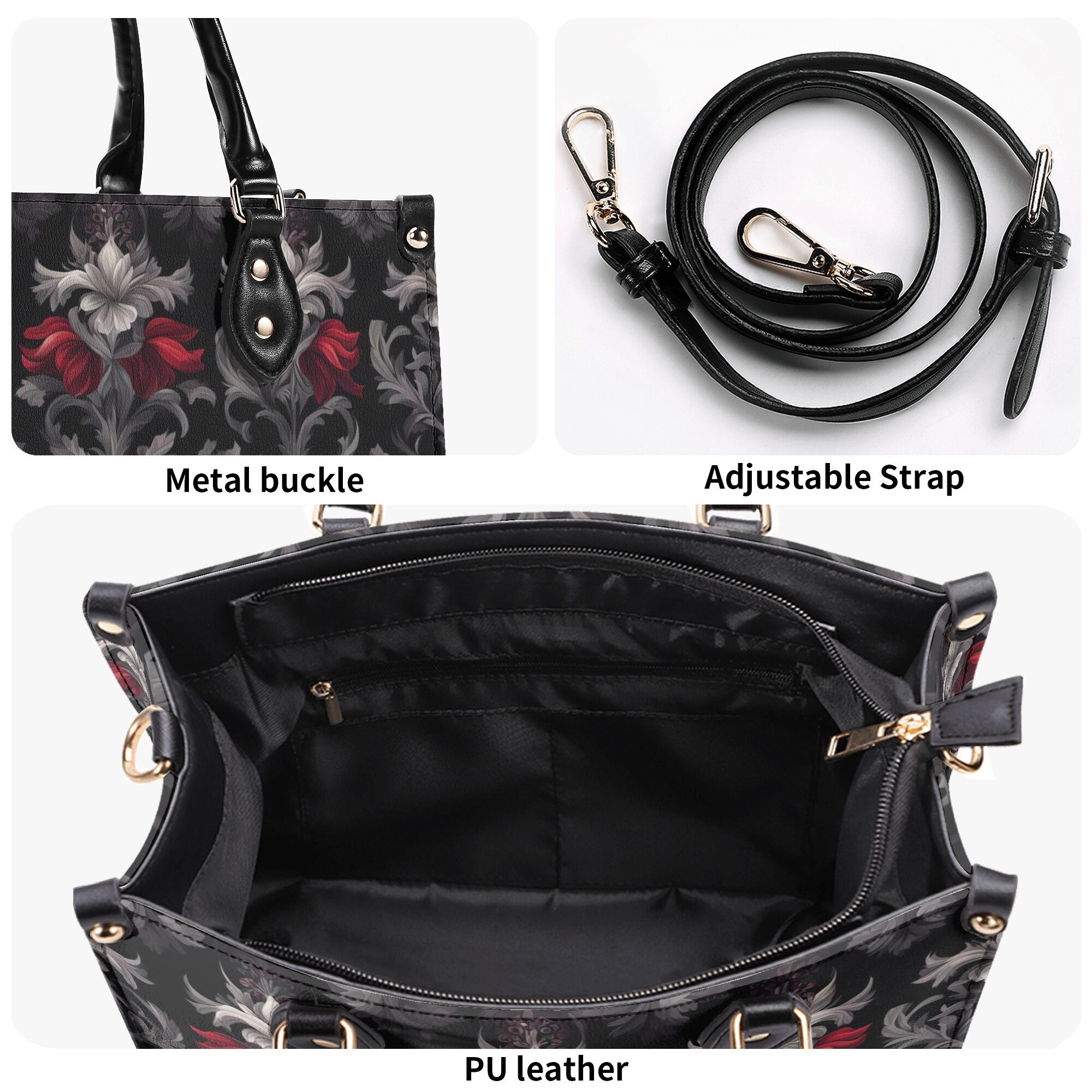 Midnight Peony - Goth Red Flowers Purse, Floral Faux Leather Hand BaG