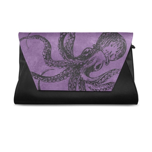 Purple Octopus Clutch Bag, Womens 11 Inch Goth Kraken Handbag Purse handtasche krake
